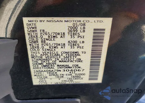 2009 Nissan Titan Xe из США, поврежденный, VIN 1N6AA06A79N304067